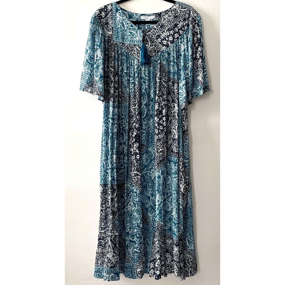 Go Softly Patio Dresses & Skirts - Go Softly Patio Dress Womens 1X Teal Navy Paisley Rayon Zip Front Tassel